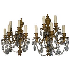 Turn of the Century French Bronze and Crystal Sconces Louis XV Style