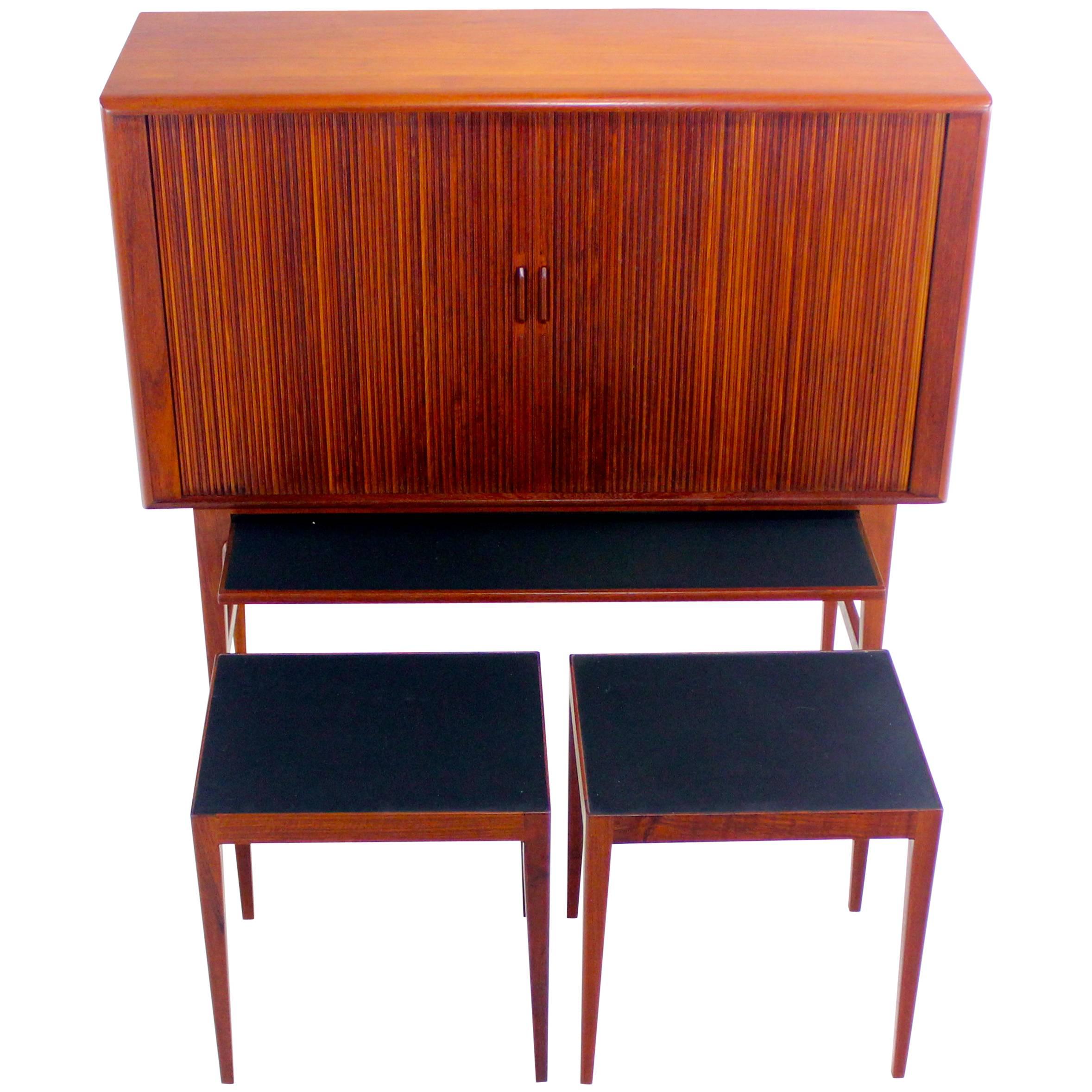 Exceptional Danish Modern Teak Bar Cabinet with Tambour Doors by Kurt Ostervig For Sale