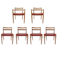 Six Danish Modern Sculptural Dining Chairs attr. H.W. Klein -Teak & Red Leather