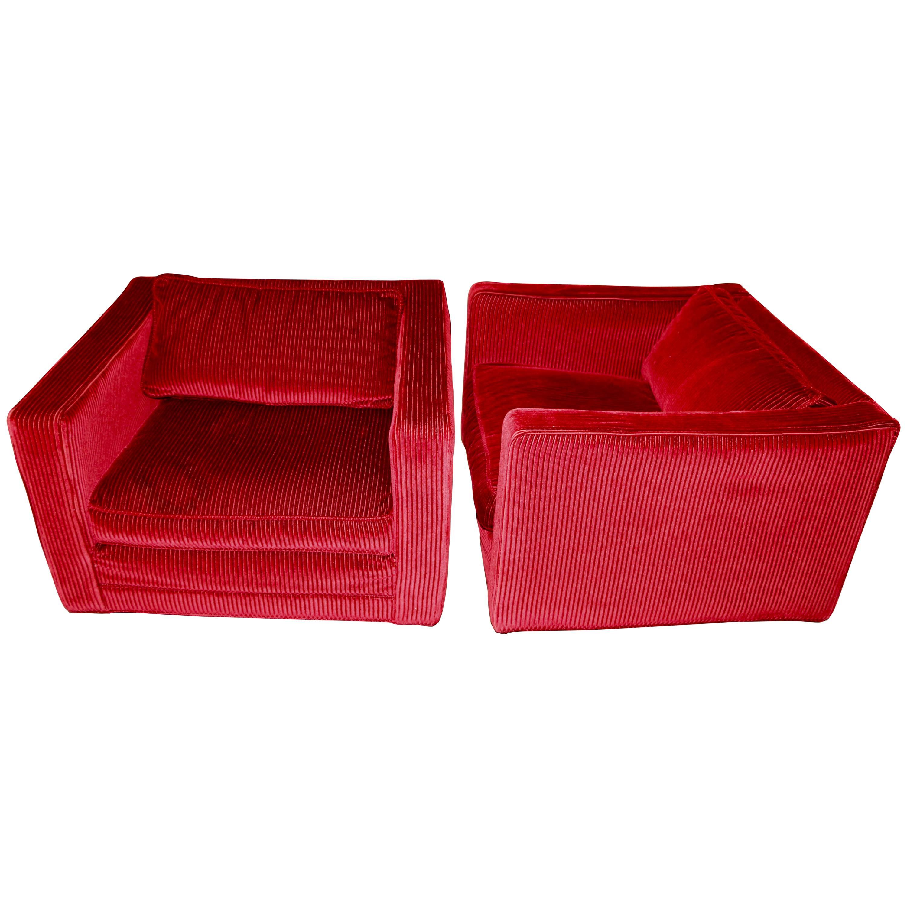 1972 Milo Baughman for Thayer Coggin Cube Club Chairs in Original Cut Red Velvet