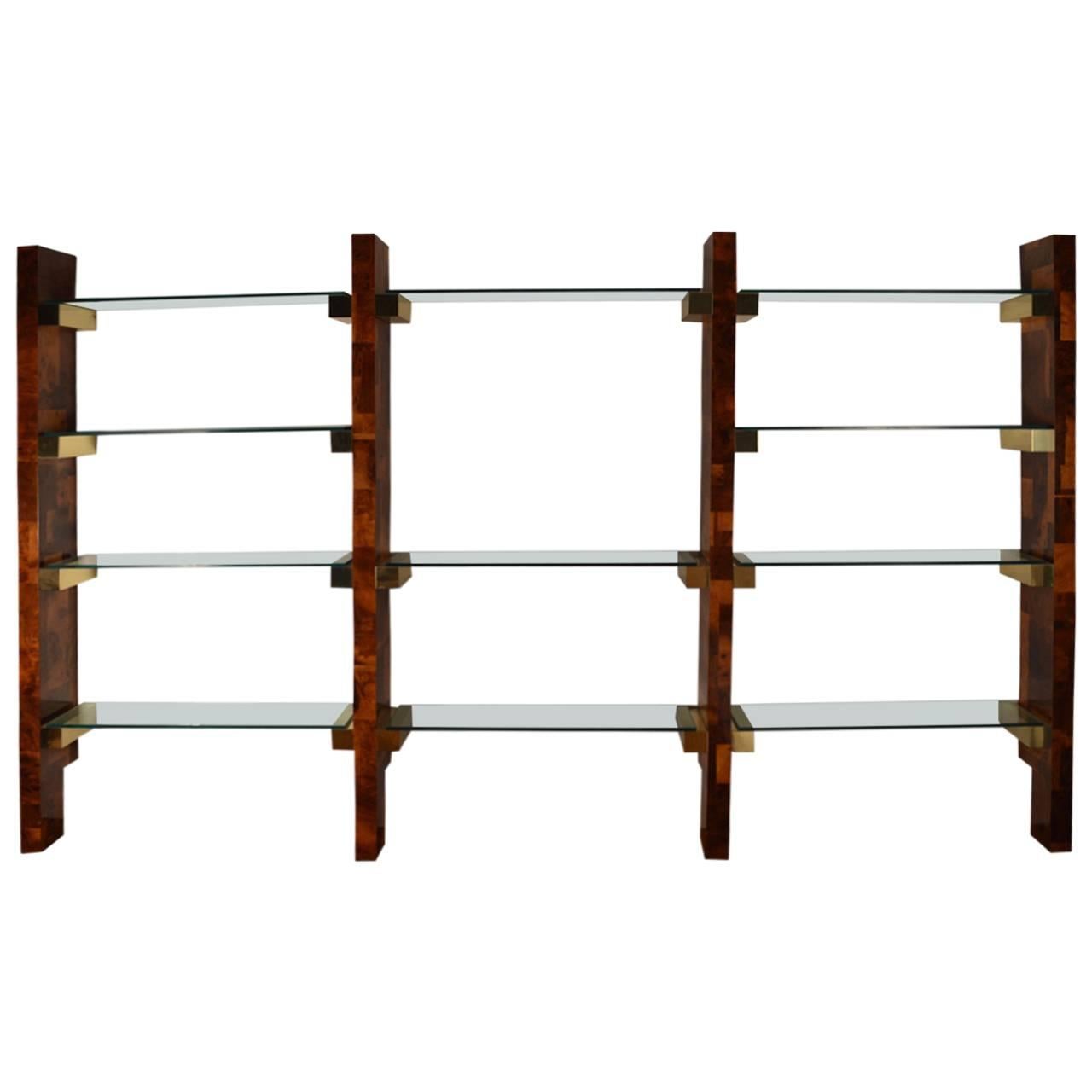Paul Evans Cityscape Wall Unit Patchwork Burl, Brass and Glass