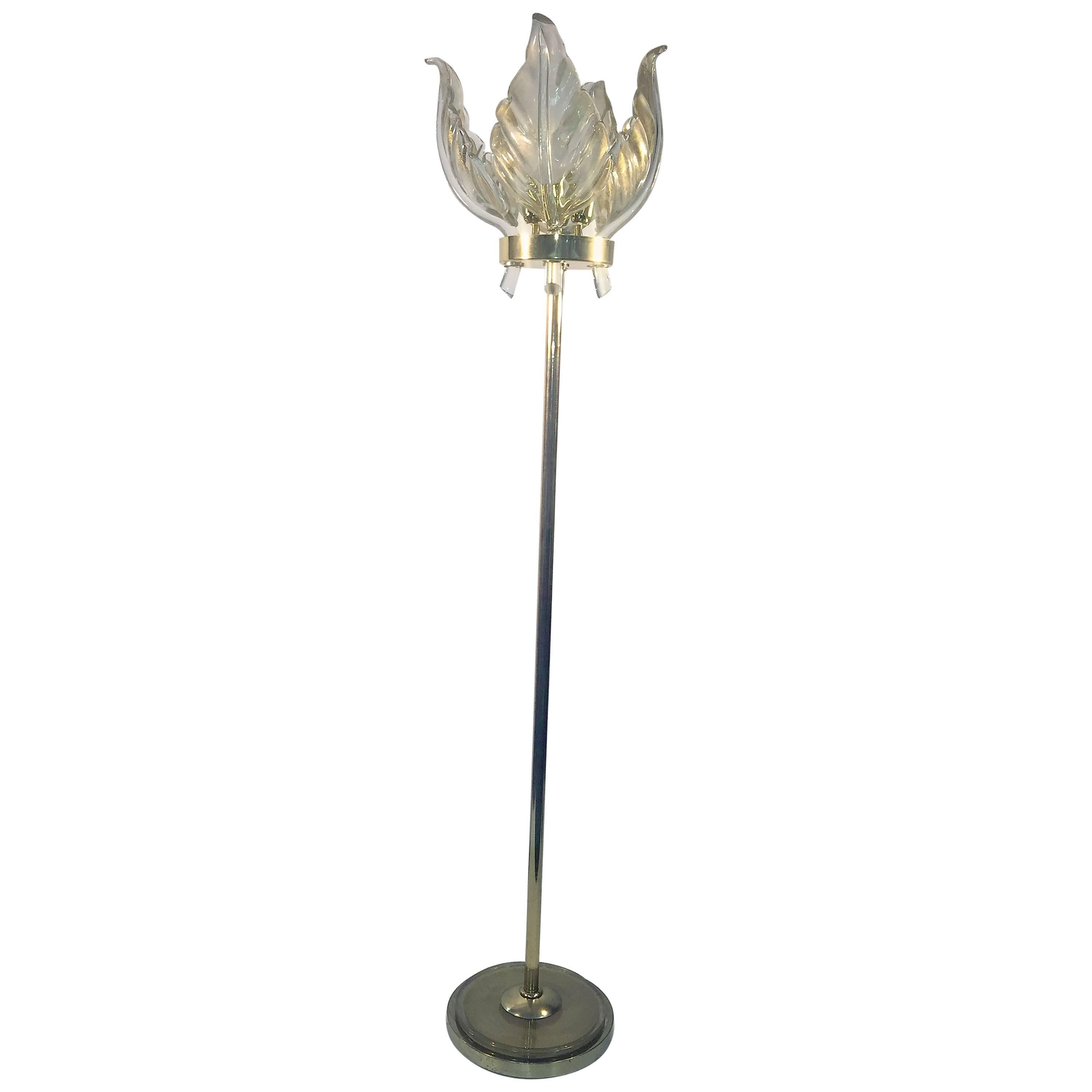 Magnificent Venini Gold Dusted Murano Glass Leaf Floor Lamp For Sale