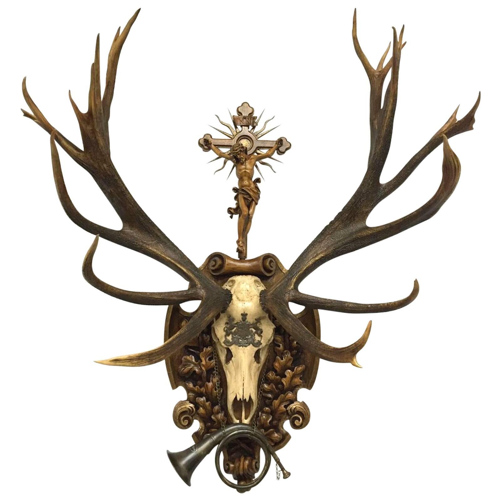 Vintage GERMAN Mid Century Bronze Plaque HUBERTUS Saint Hubert Deer Hunter 