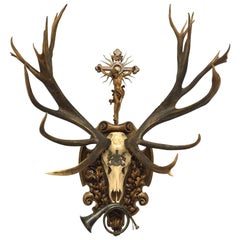 19th Century St. Hubertus Red Stag Hunting Trophy with Fürst Pless Horn