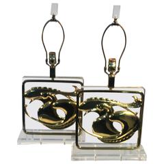  Exceptional Pair of Chapman Stylized Brass Egret and Fish Design Lucite Lamp