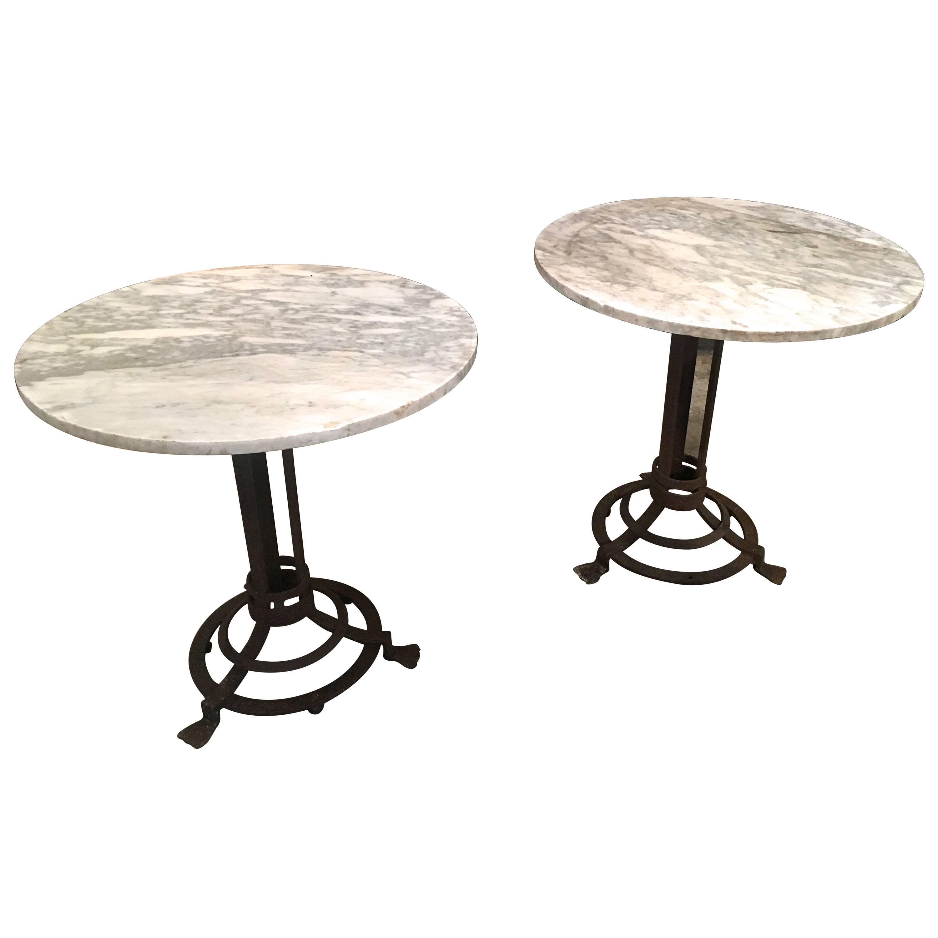 Pair of French Wrought Iron Gueridon Tables with Marble Tops