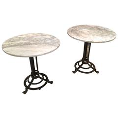 Antique Pair of French Wrought Iron Gueridon Tables with Marble Tops