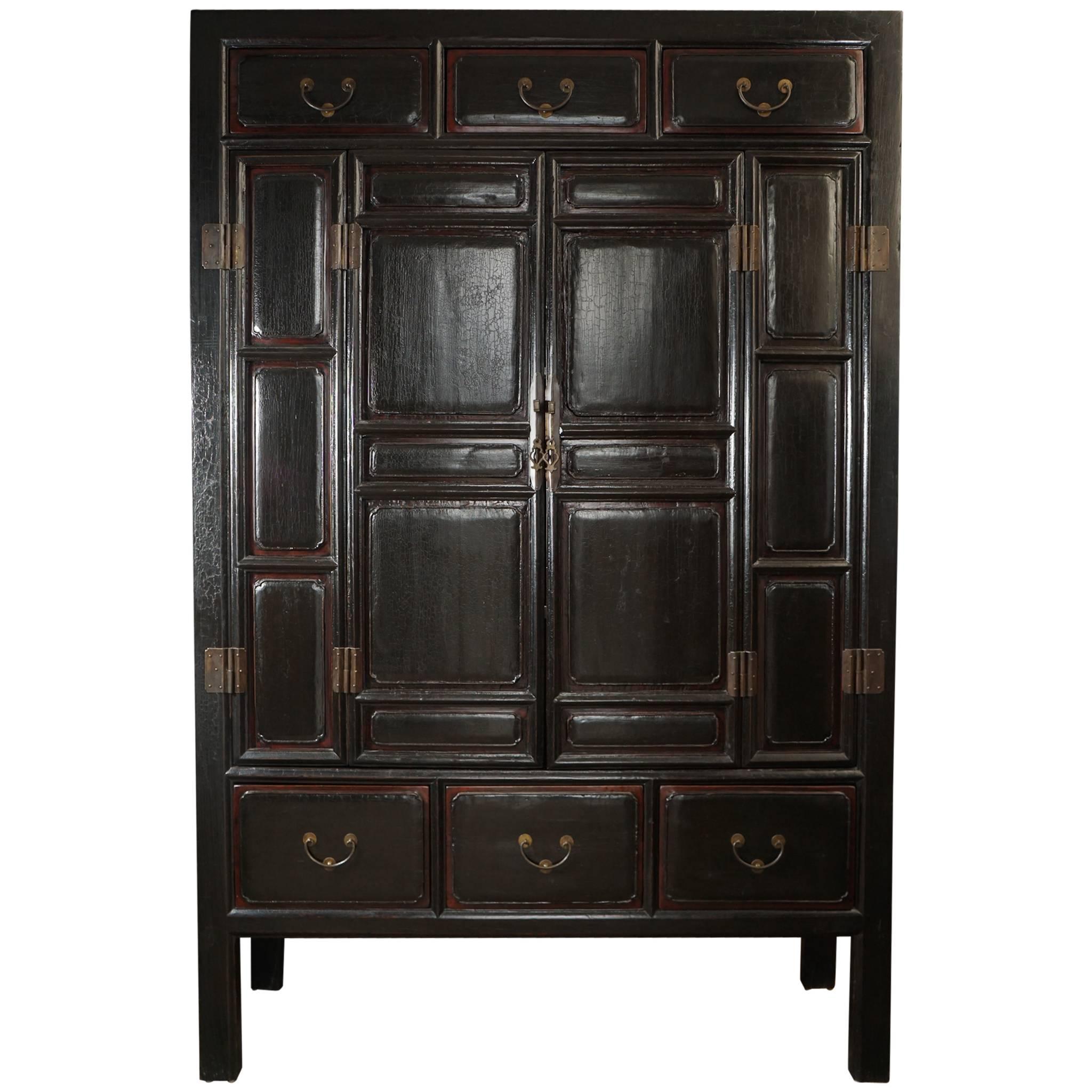Large Late 19th Century Chinese Black Lacquer Two-Door Cabinet with Drawers