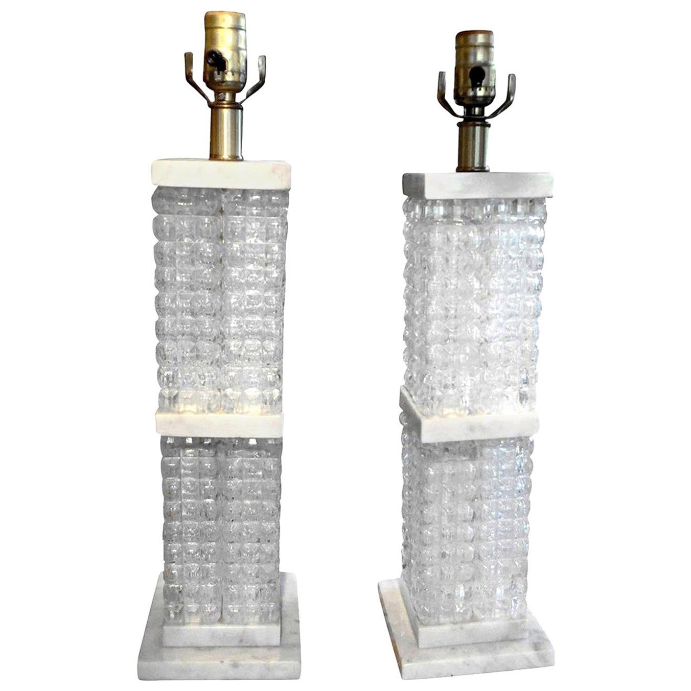 Paire de lampes italiennes en verre et marbre de style mi-siècle moderne