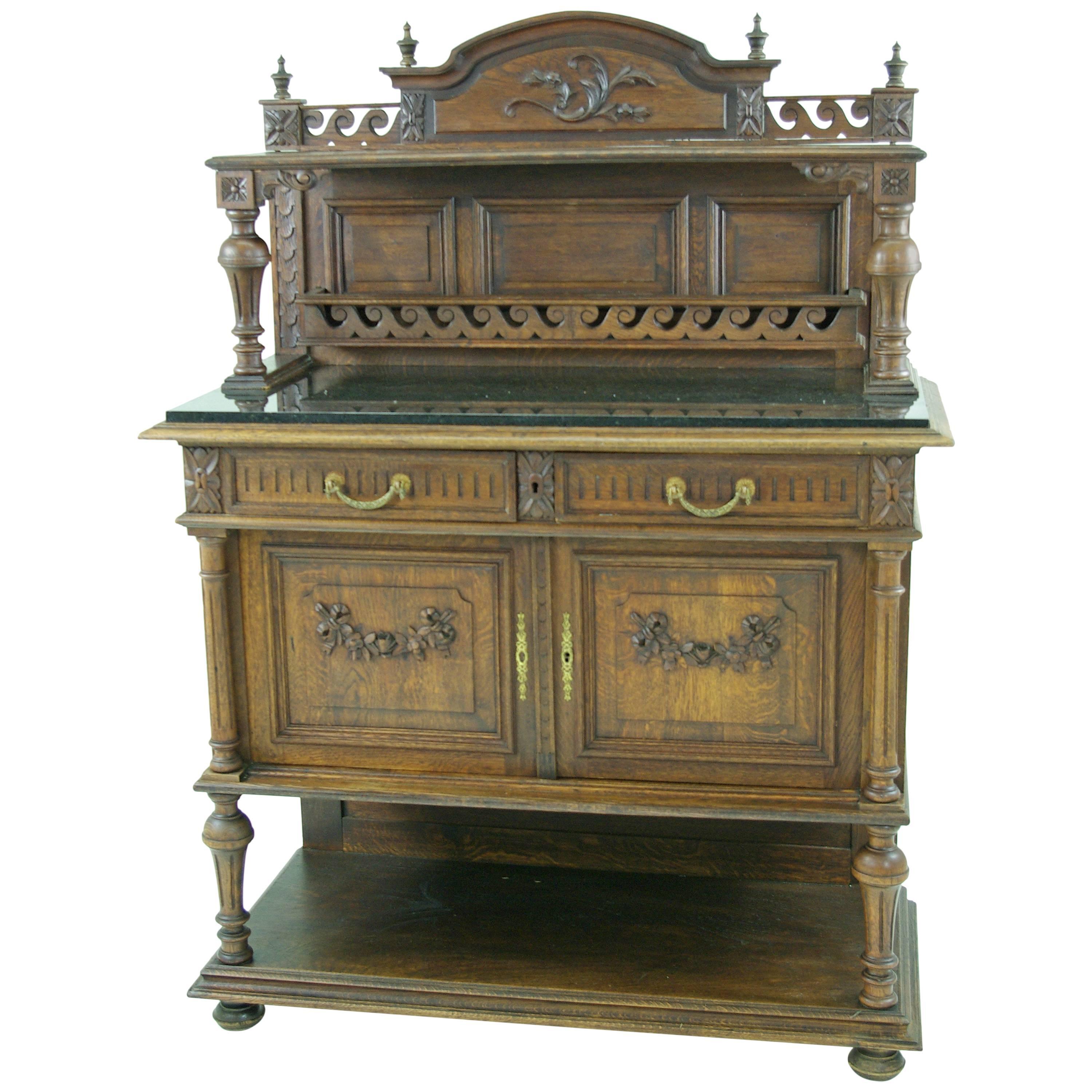 Unique French Marble-Top Buffet, Solid Oak, 1890