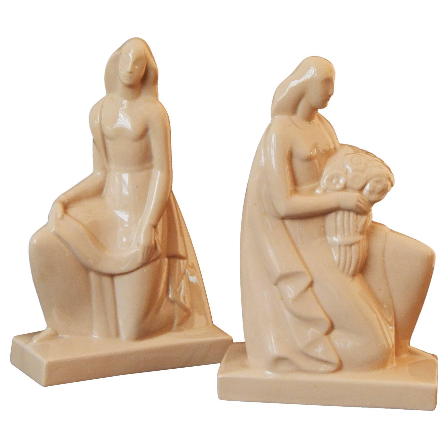 "Beauty and Knowledge, " Rare Pair of Art Deco Sculptures by De Vegh