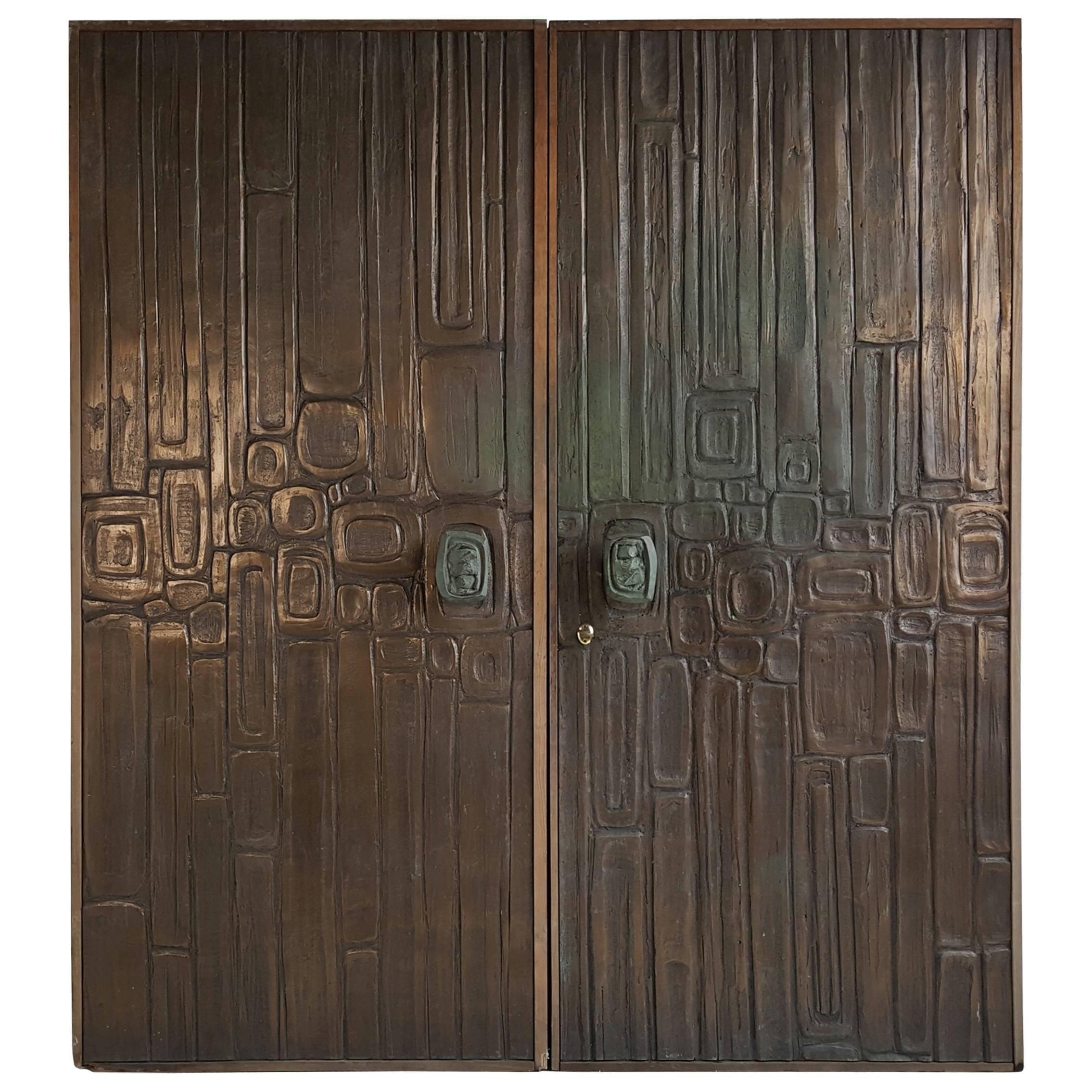 Rare Pair of Bonded Bronze Doors, Style of Forms and Surfaces, Brutalist Design