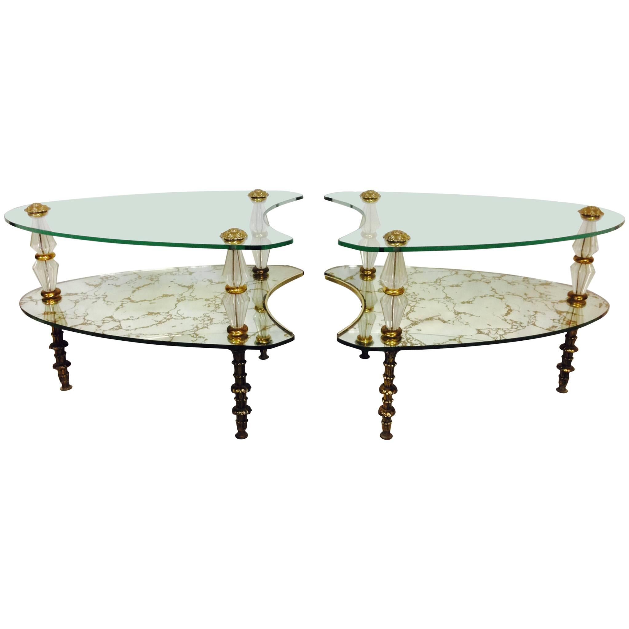 50'S Pair Of Italiann Hollywood Regency Églomisé Glass "Kidney" Side Tables