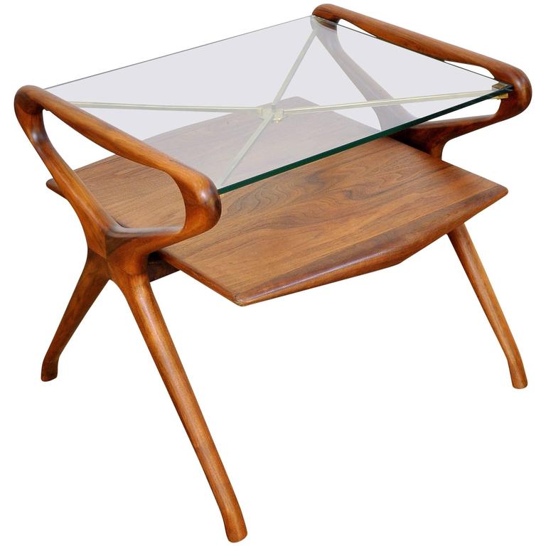 Italian Mid Century Modern Walnut Brass And Glass Two Tier Side Table 1950s