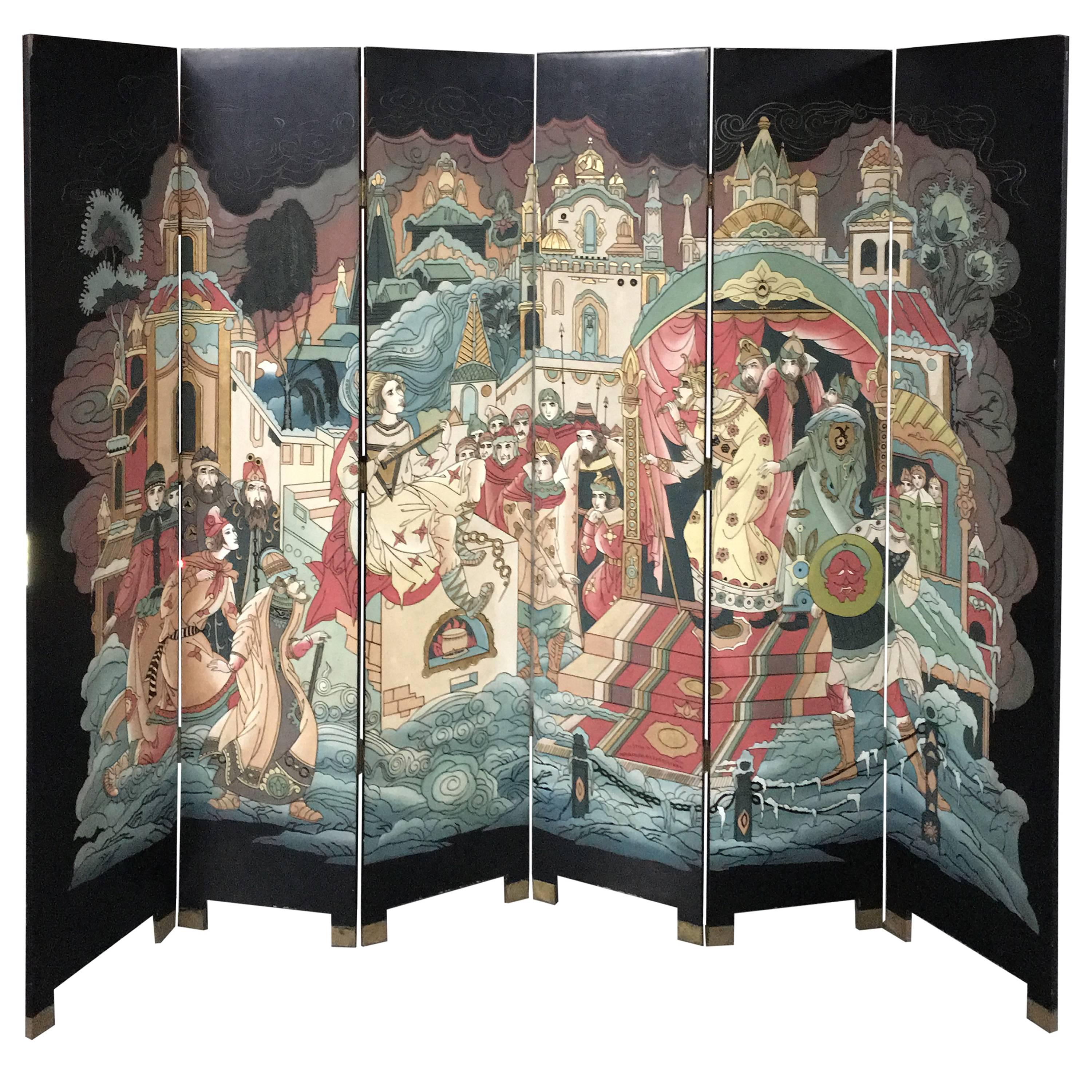 Chinese Six-Panel Decorative Lacquered Screen