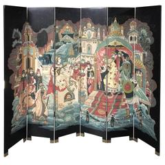 Chinese Six-Panel Decorative Lacquered Screen Chinese Six-Panel Decorative Lacquered Screen
