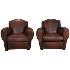 Pair of French Mustache Back Leather Club Chairs