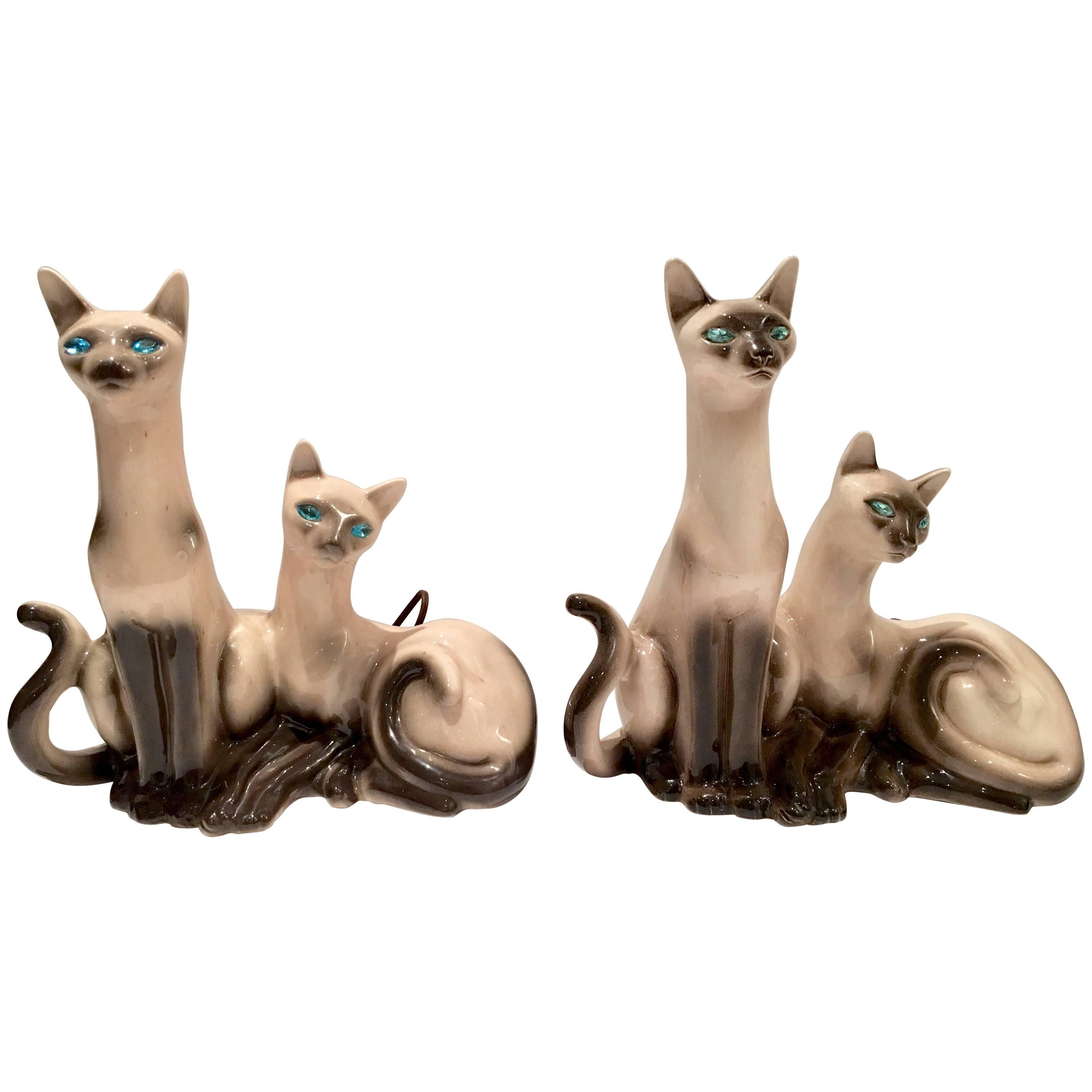 1950s Pair of Siamese Twin Ceramic Cat Lamps