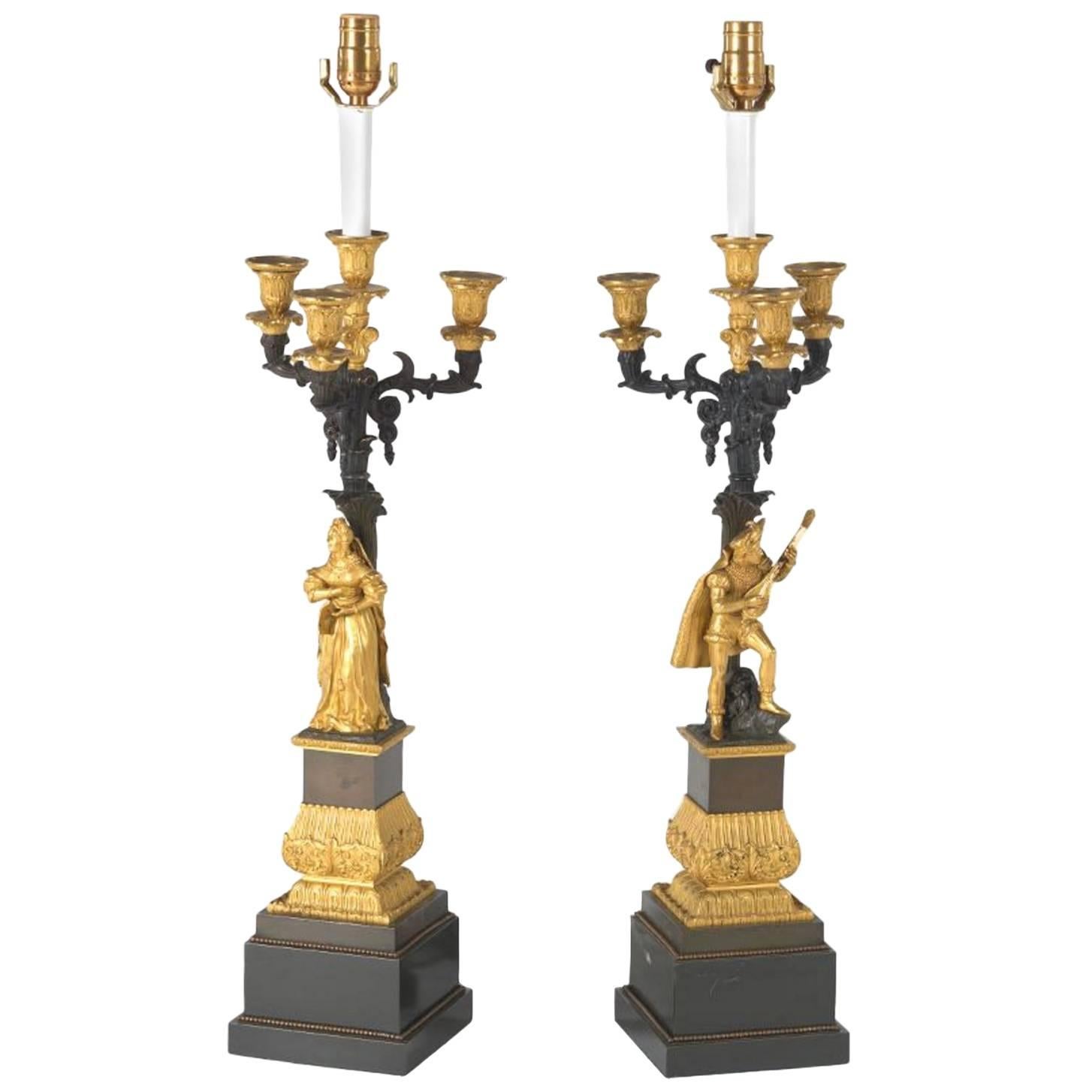Pair of French Ormolu and Patinated Bronze Four-Light Candelabra Lamps