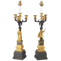 Pair of French Ormolu and Patinated Bronze Four-Light Candelabra Lamps