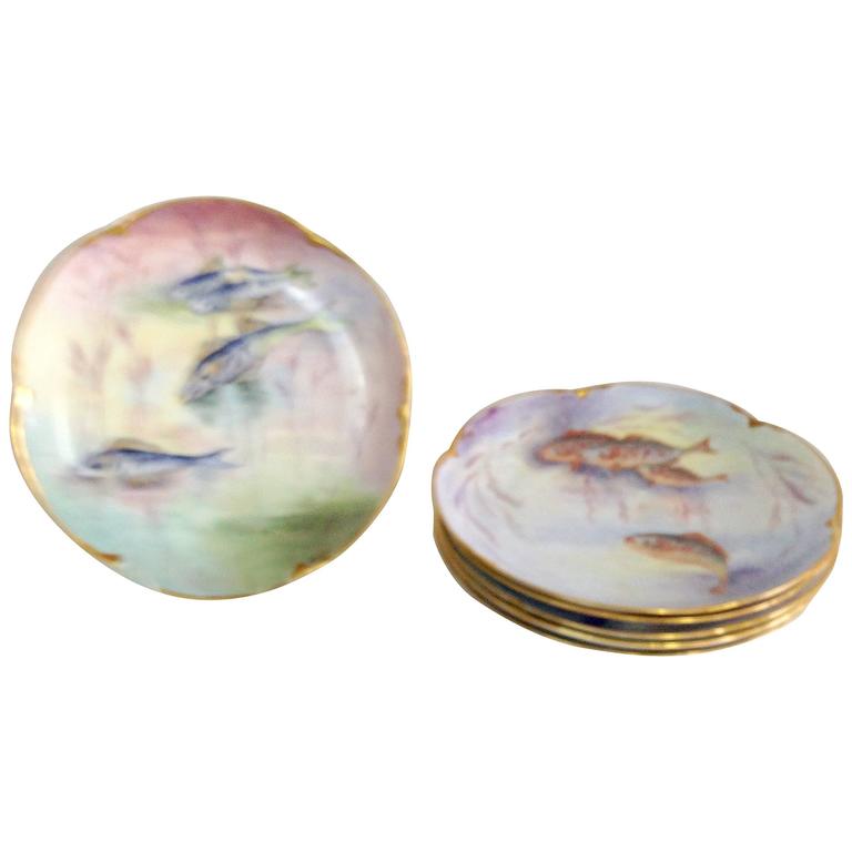Antique French Limoges HandPainted 22Karat Fish Plates S/6 For Sale