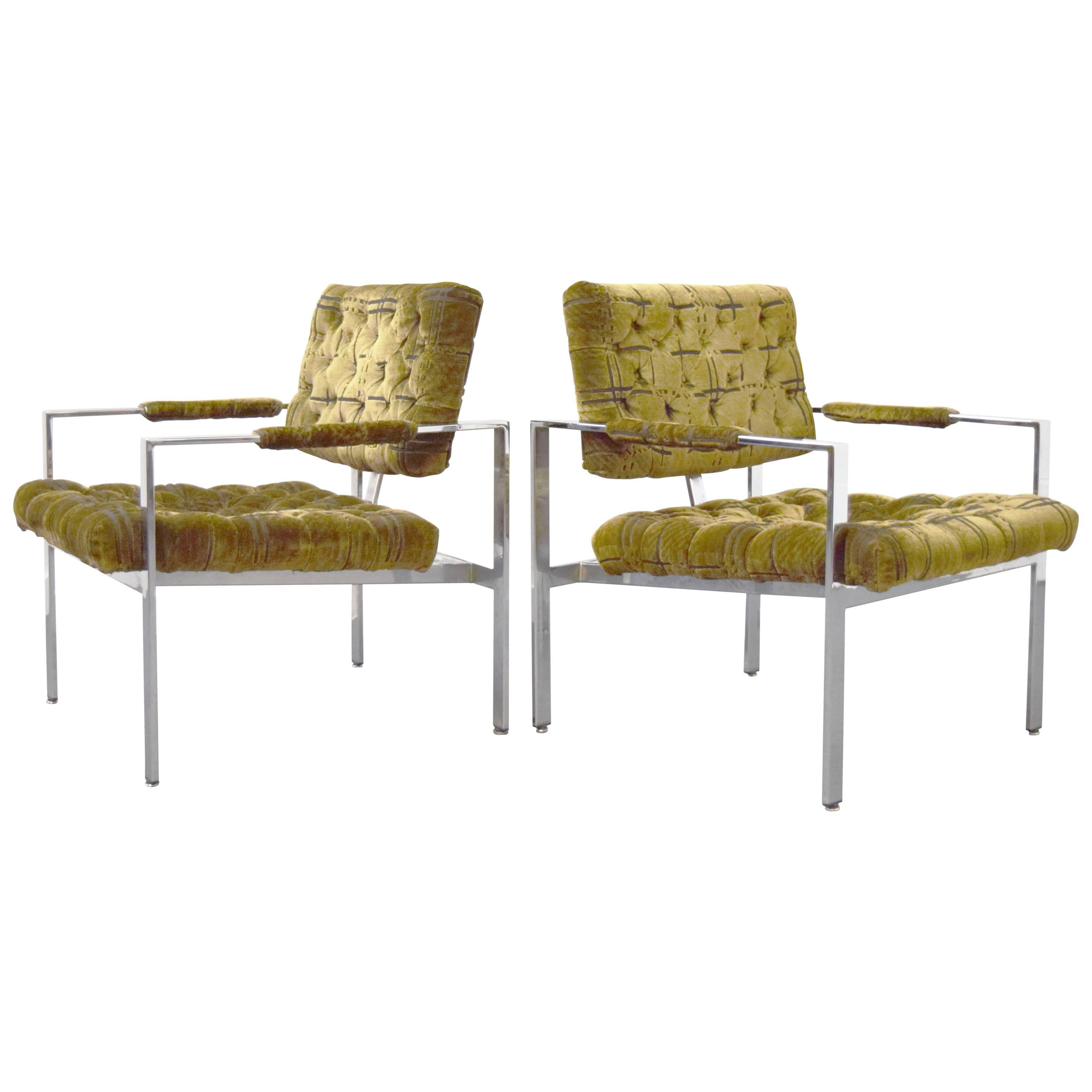 Pair of Milo Baughman for Thayer Coggin Tufted Chrome Lounge Chairs