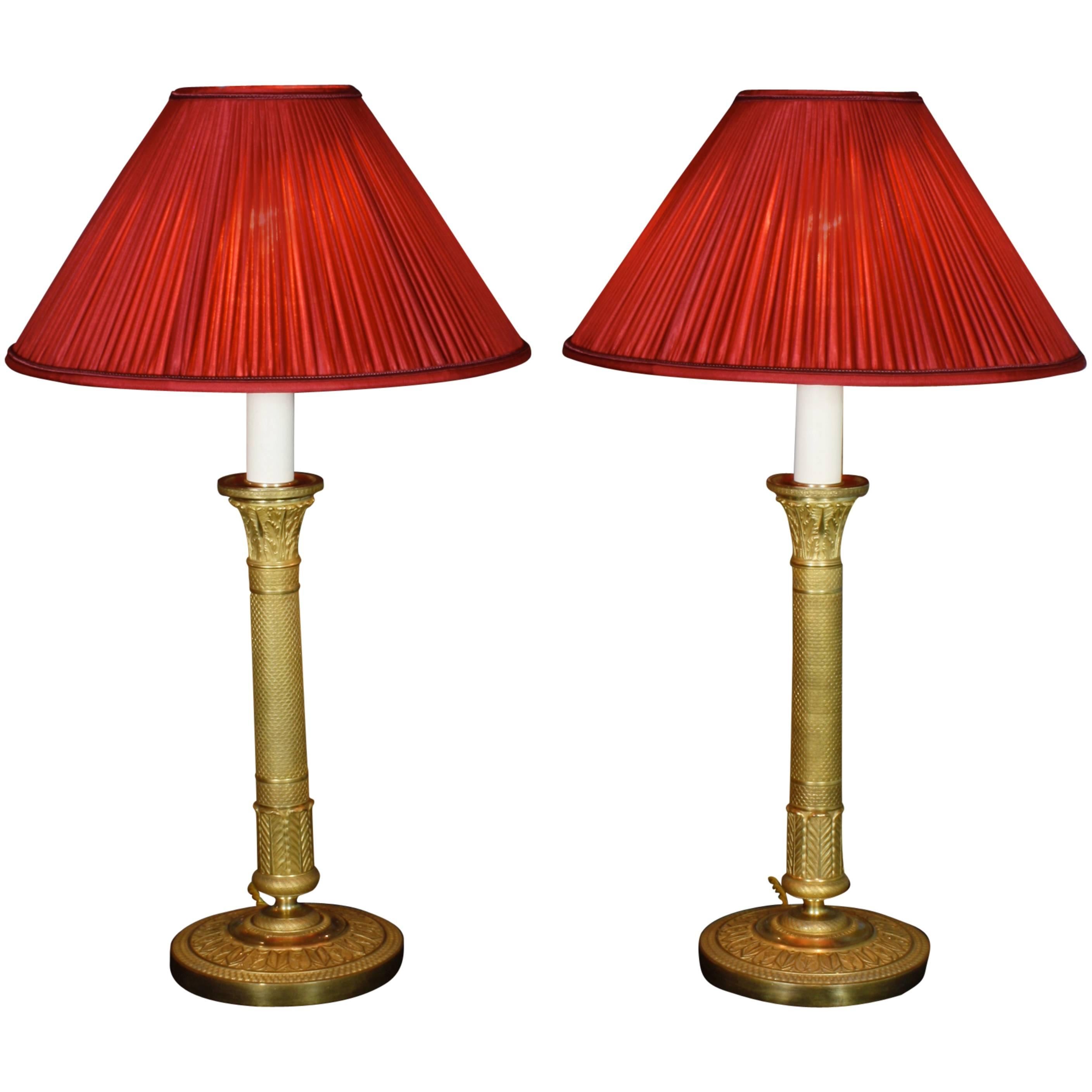 Pair of French Empire Style Candlestick Lamps with Silk Shades
