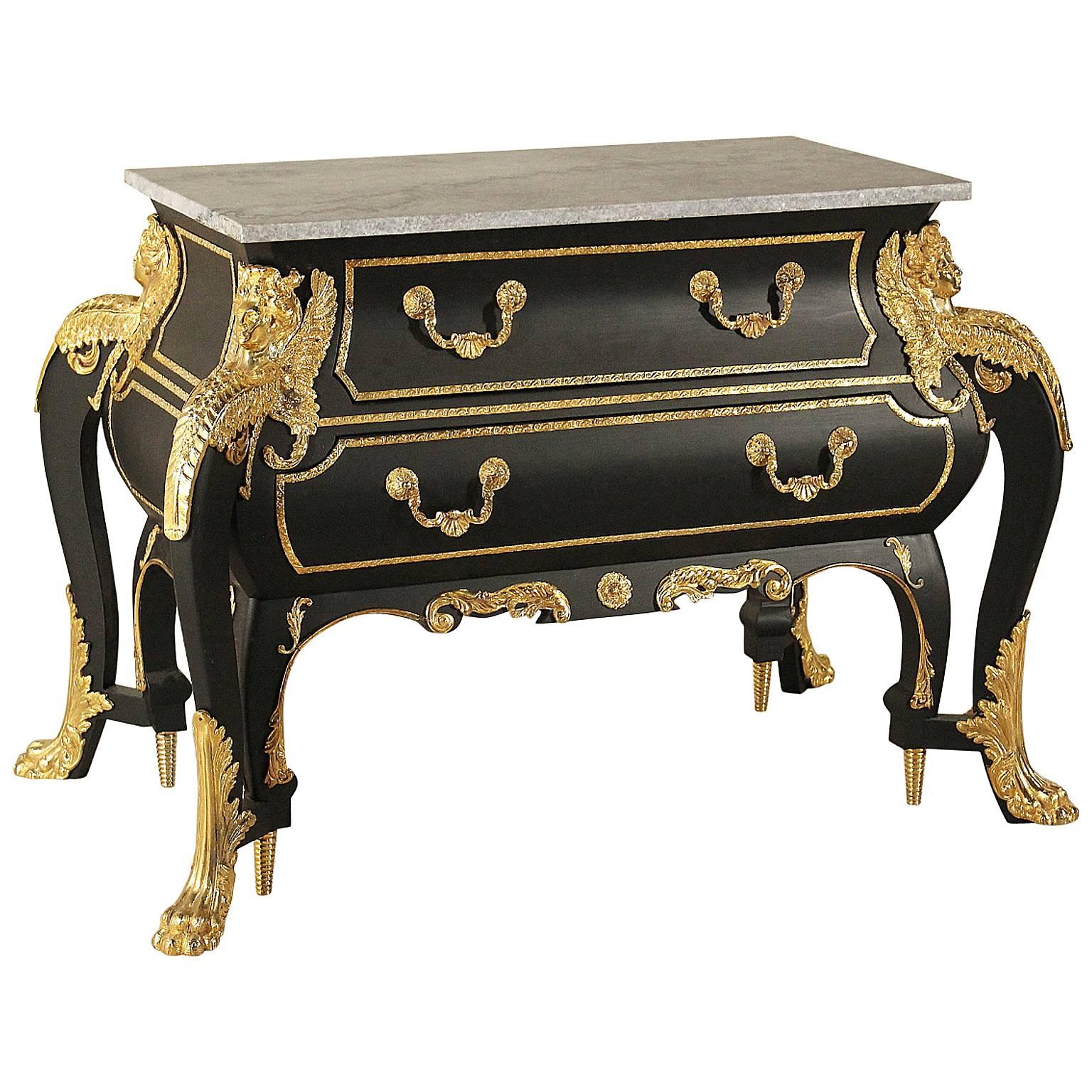 20th Century Ebonised Wood Brass Marble Chest of Drawers in the Style of Boulle