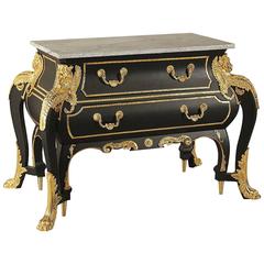 Vintage 20th Century Ebonised Wood Brass Marble Chest of Drawers in the Style of Boulle