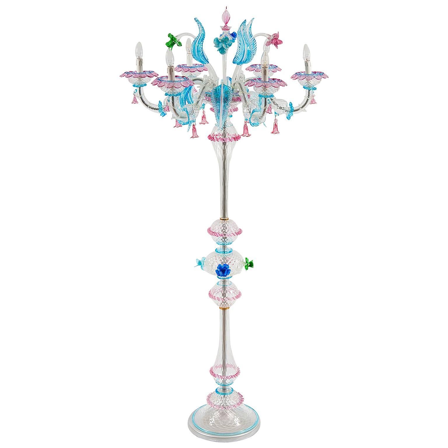Rezzonico Floor Lamp with Colored Flowers in Blown Murano Glass, Italy, 1990s For Sale