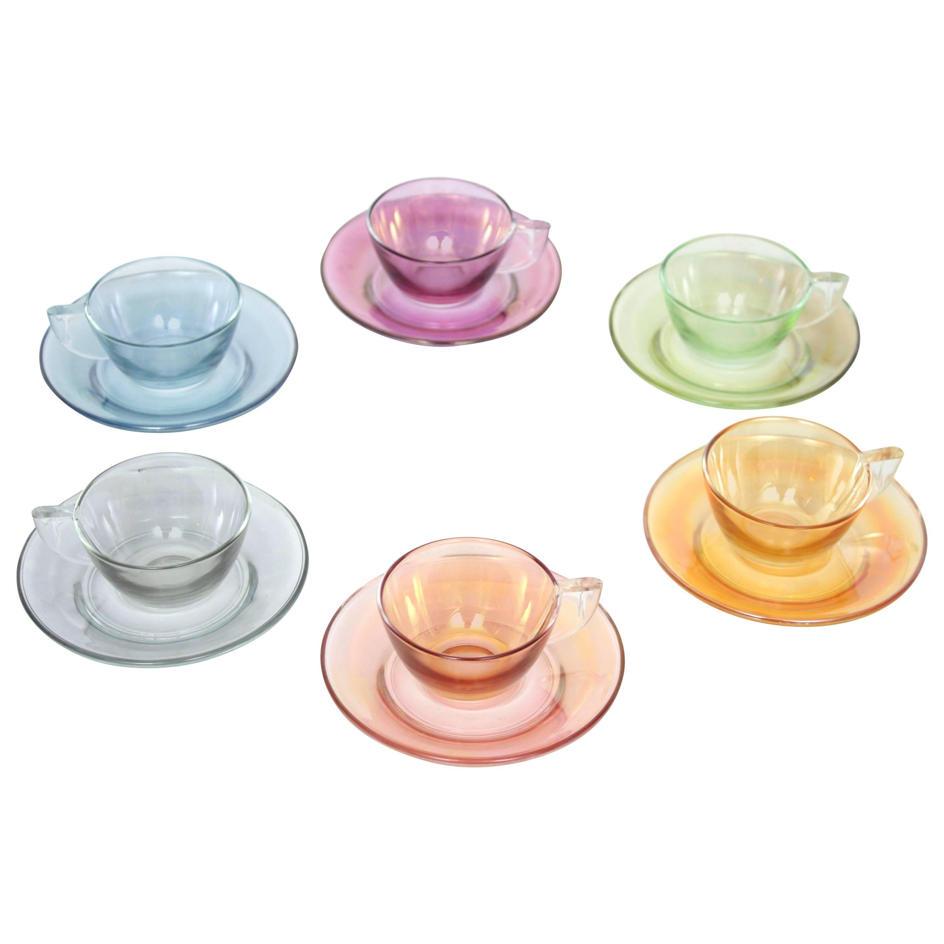 Vintage Set of Six Iridescent Pastel Colors Coffee Cups
