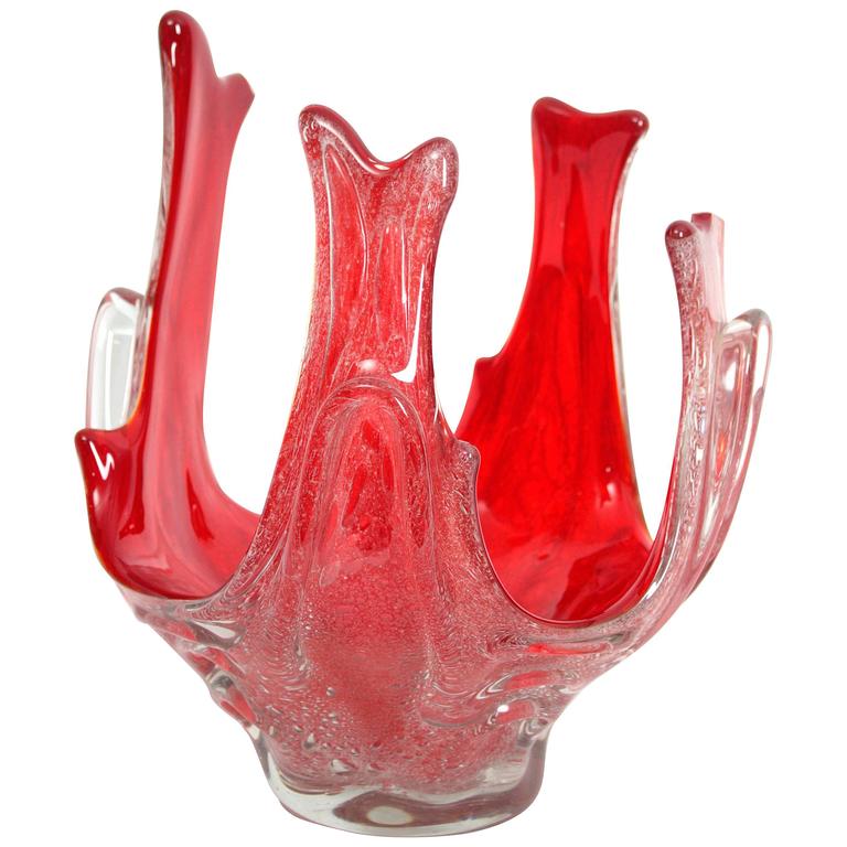 Controlled Bubbles Vibrant Red Sommerso Murano Glass Centerpiece or