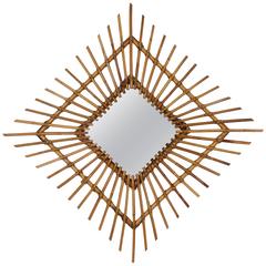 Spanish 1960s Wicker Rhombus Sunburst Mirror