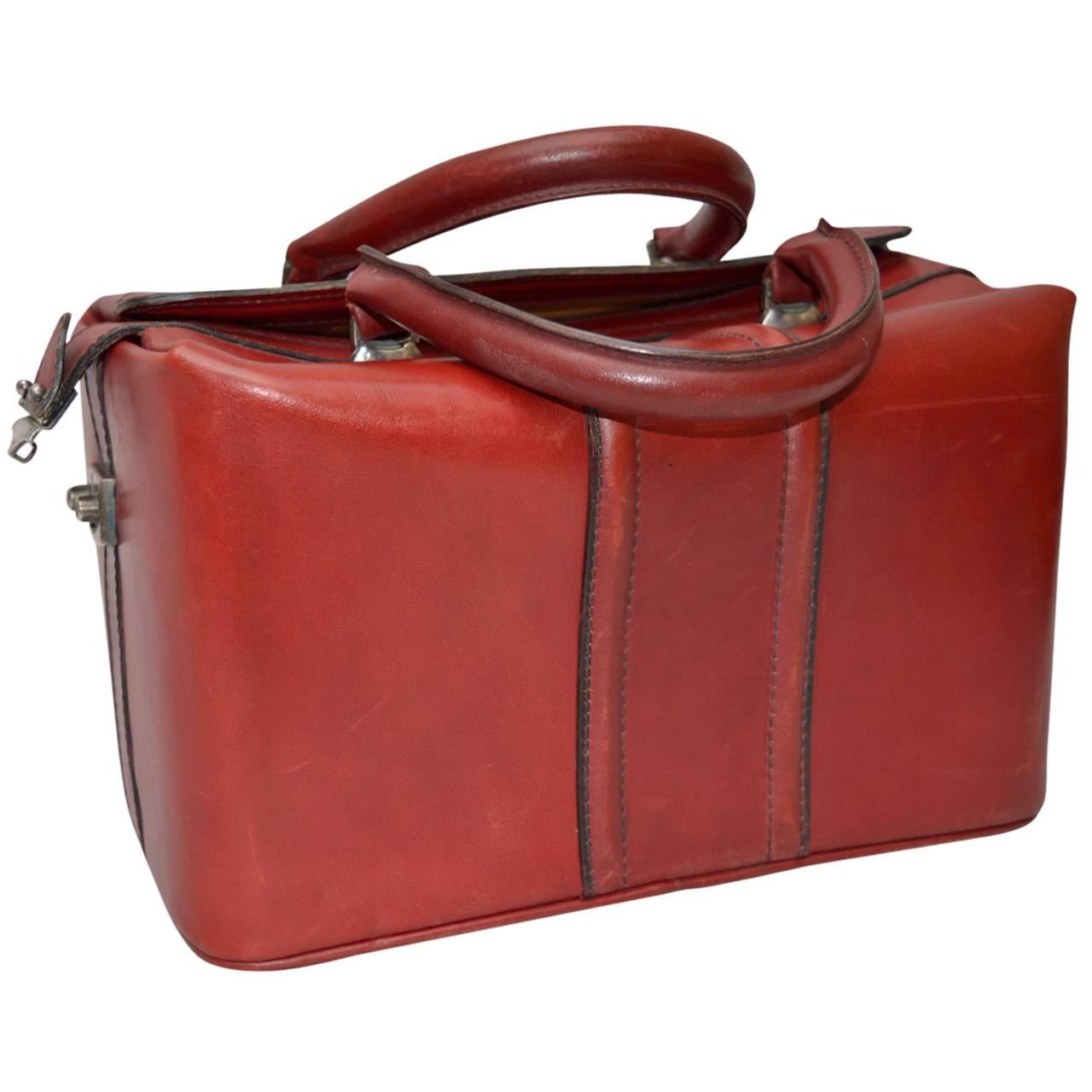 Vintage Italian Red Leather Satchel or Doctors Bag