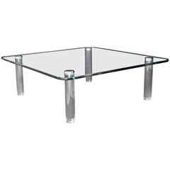 Large Square Rounded Corners Glass Top Coffee Table on Cylinder Lucite Legs 3/4