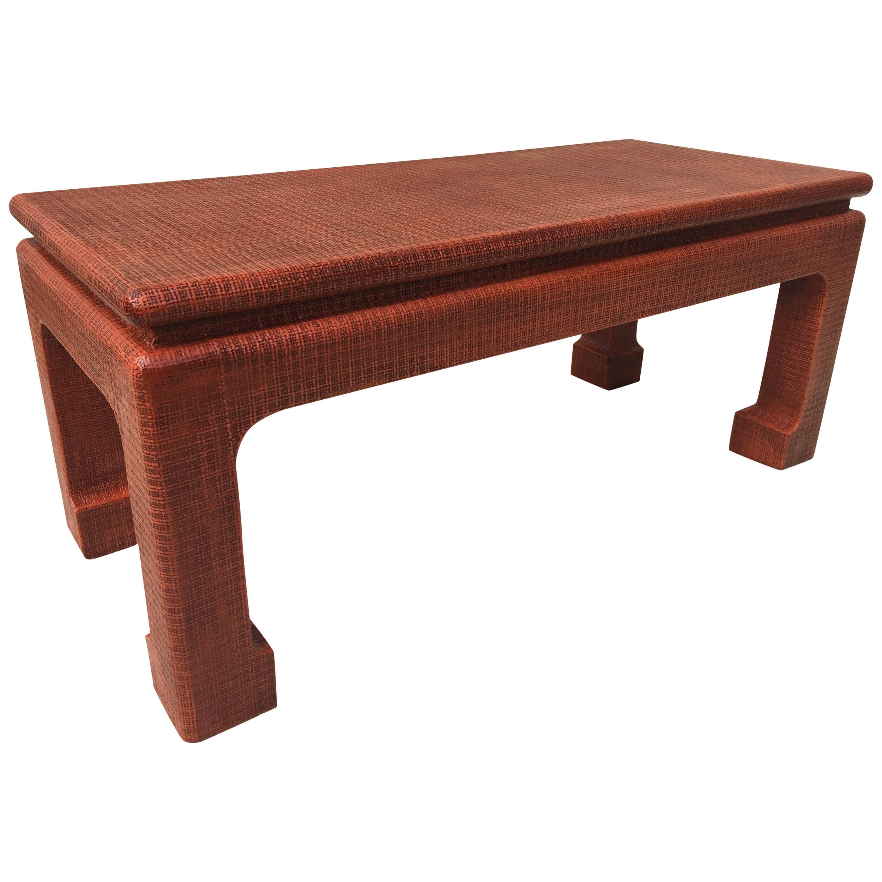 Karl Springer Style Grass Cloth Petite Table or Bench, Orange Lacquer For Sale