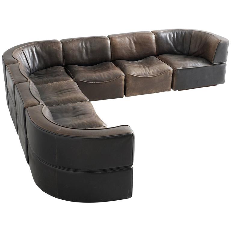 De Sede DS15 Sectional Sofa in Patinated Brown Buffalo Leather For Sale