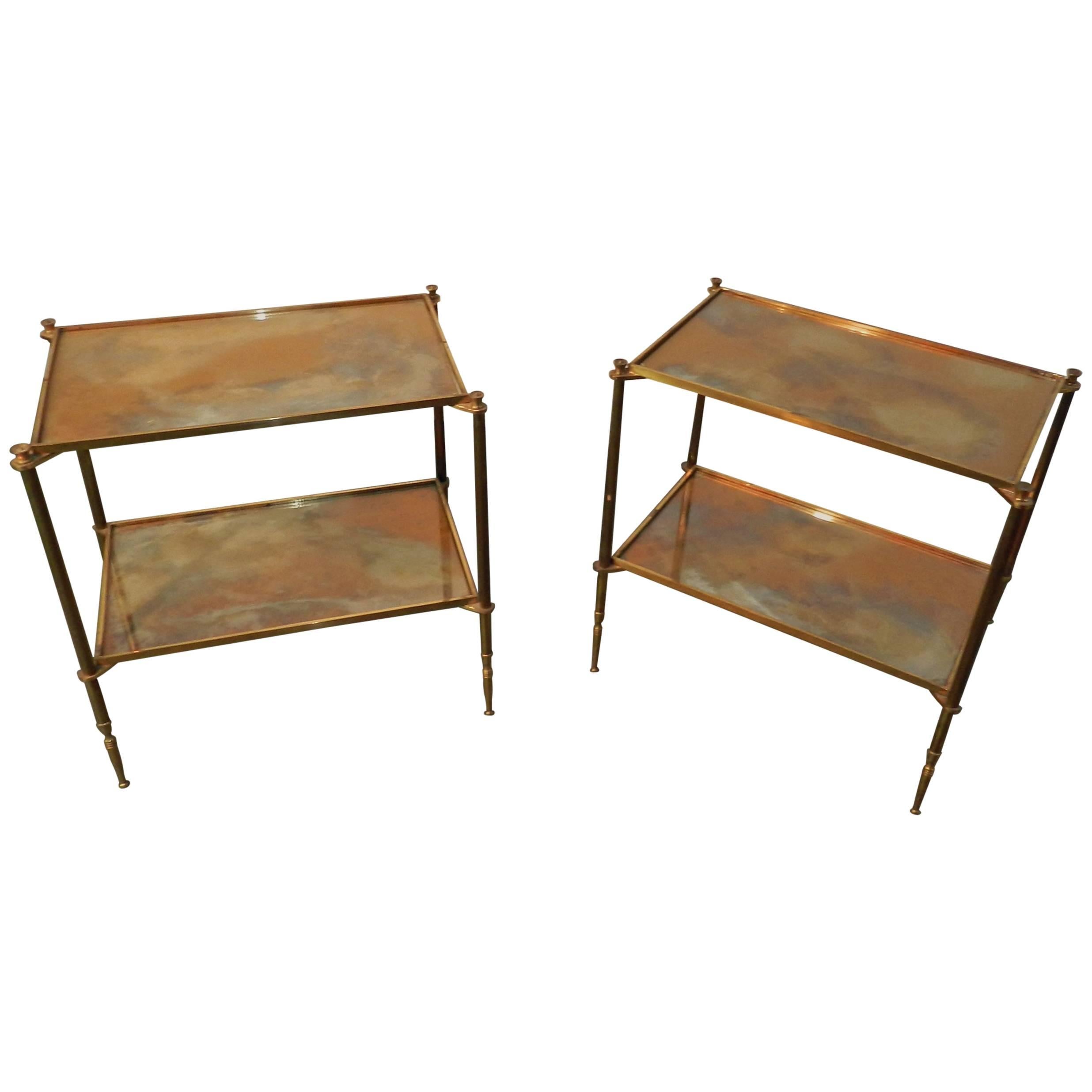 Maison Baguès  Pair of Side Tables in Gilt Metal, Top in Cloudy Mirror