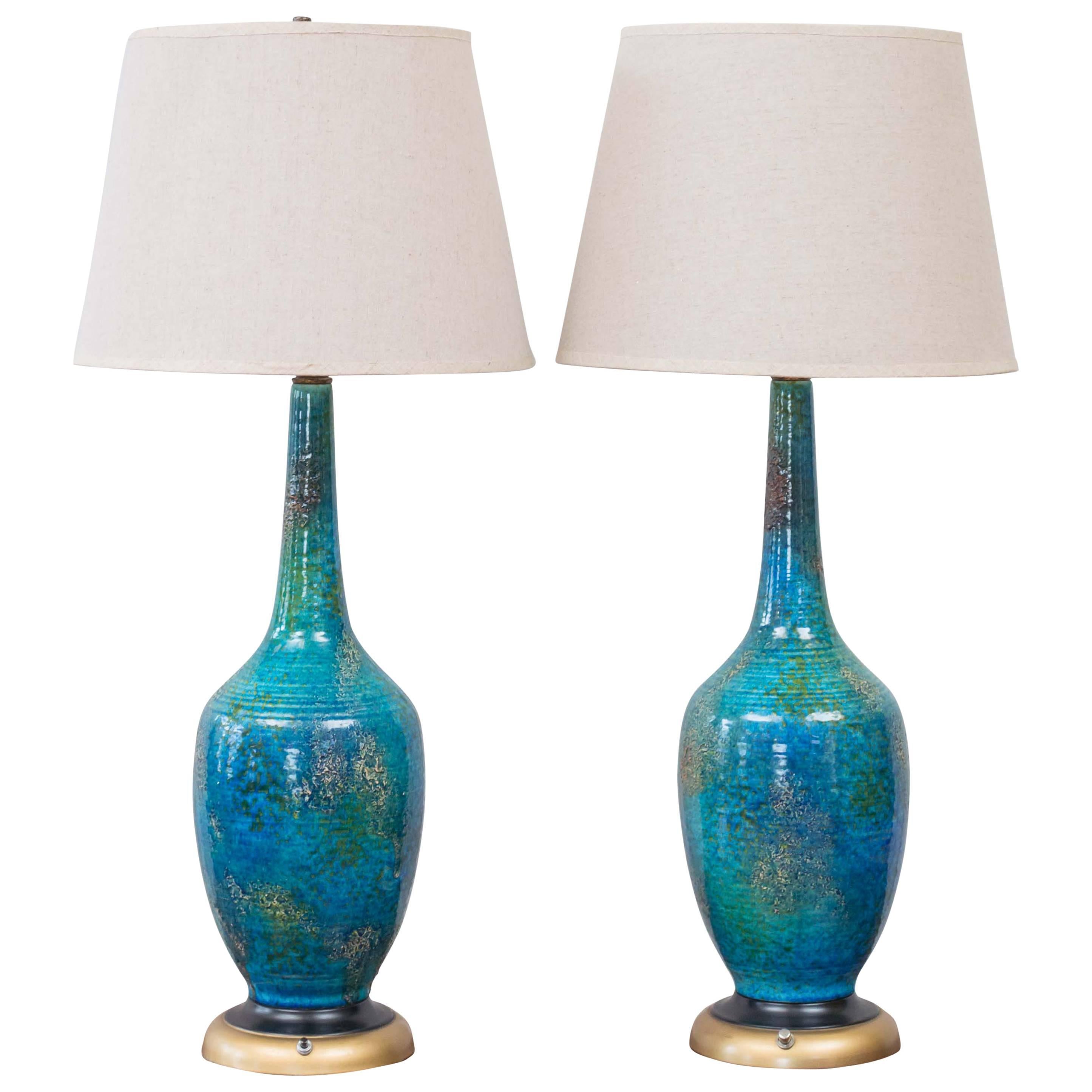 Pair of Rimini Blue Ceramic Table Lamps by Bitossi for Raymor