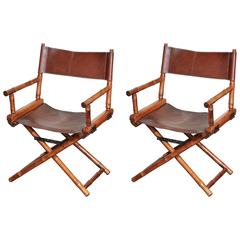 Pair of Bamboo and Leather Directors Chairs, circa 1960