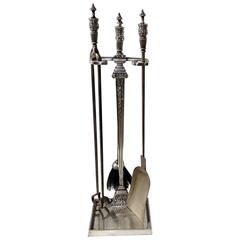 Antique Wonderful Caldwell Silvered Bronze Four-Piece Fireplace Nickel Tool Set
