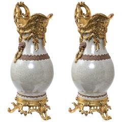 Pair of Fantastic Gilt Bronze Mounted Chinese Porcelain Ewers