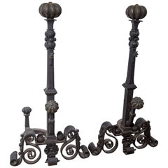 Pair of Renaissance Style Iron and Bronze Andirons