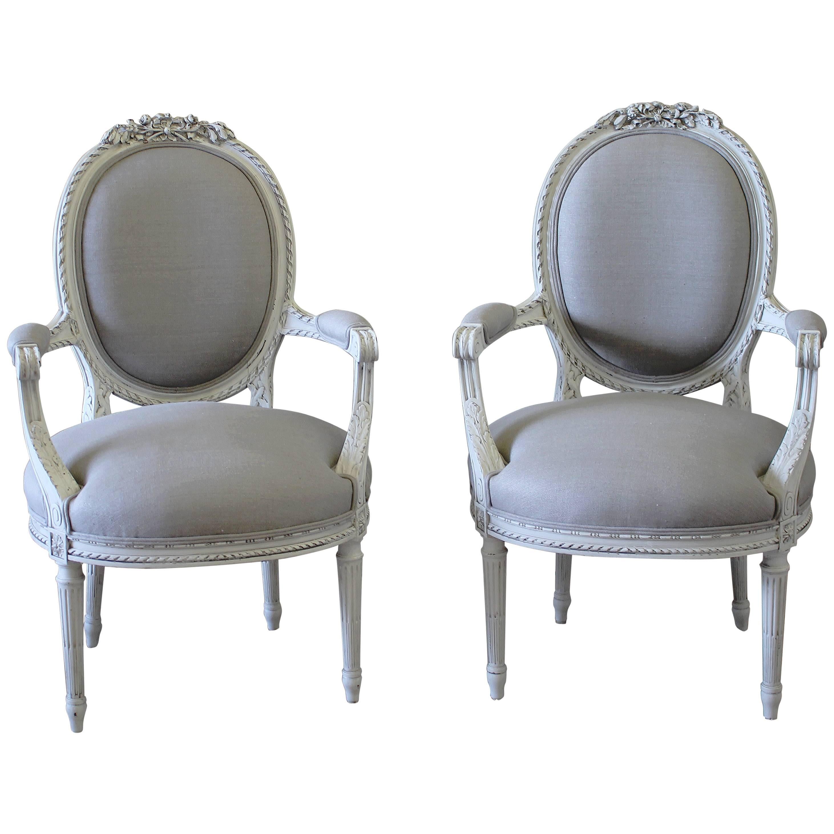 Pair of 19th Century Louis XVI Painted French Fauteuils Armchairs in Grey Linen