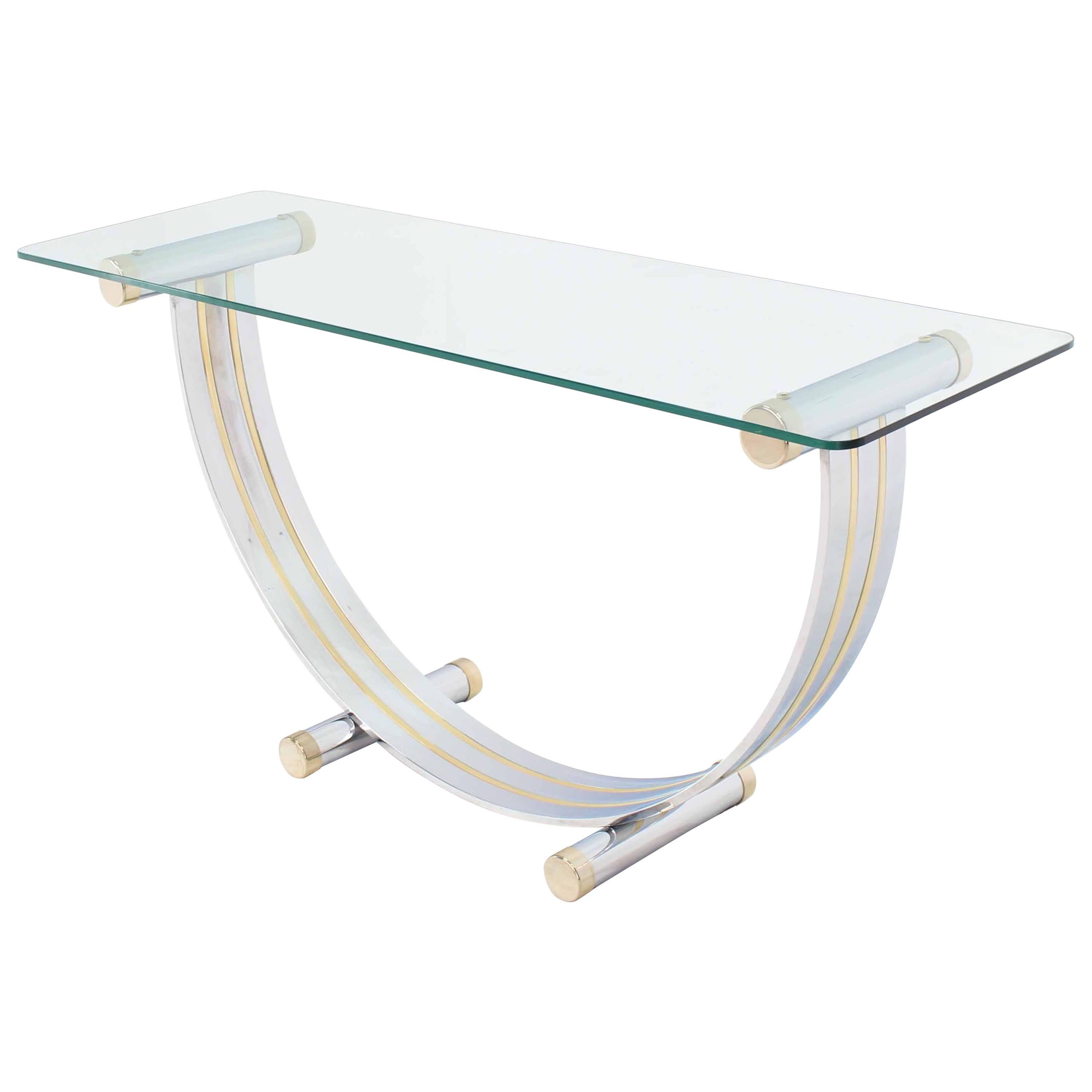 U Shape Brass and Chrome Glass Console Table For Sale