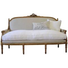 Antique Louis XVI Style Giltwood French Sofa Settee in Irish Linen