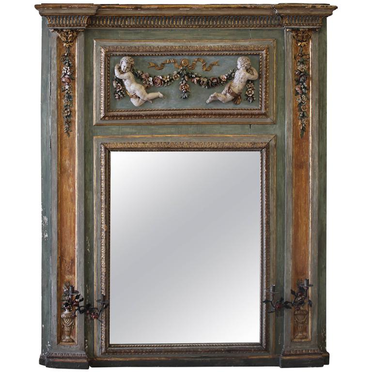 18th Century Painted And Parcel Antique French Cherub Trumeau Mirror 18th Century Painted And Parcel Antique French Cherub Trumeau Mirror For