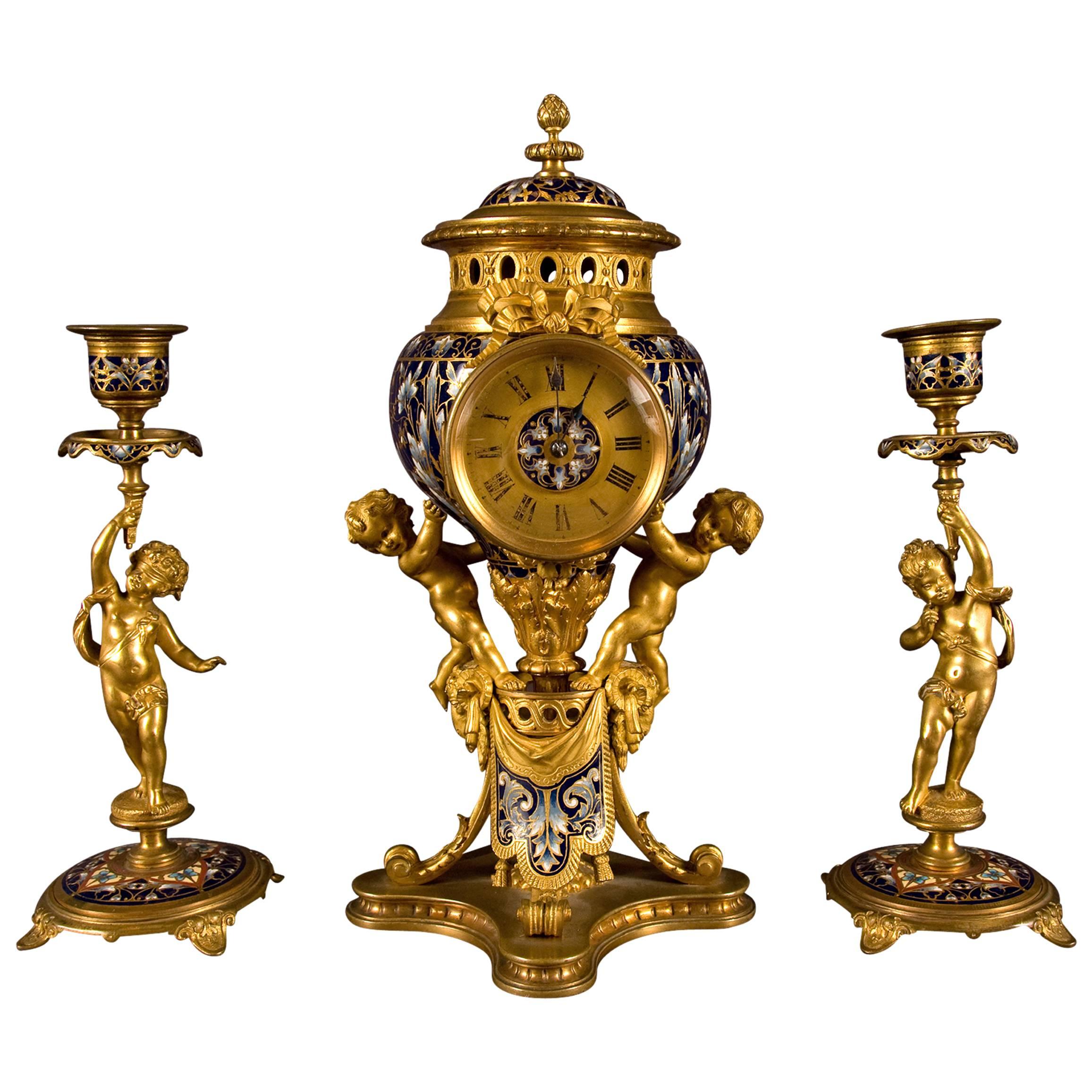 Three-Piece Champlevé Enamel Gilt Brass Clock Garniture, France, 19th Century For Sale