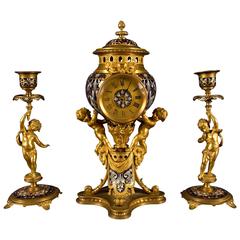 Three-Piece Champlevé Enamel Gilt Brass Clock Garniture, France, 19th Century