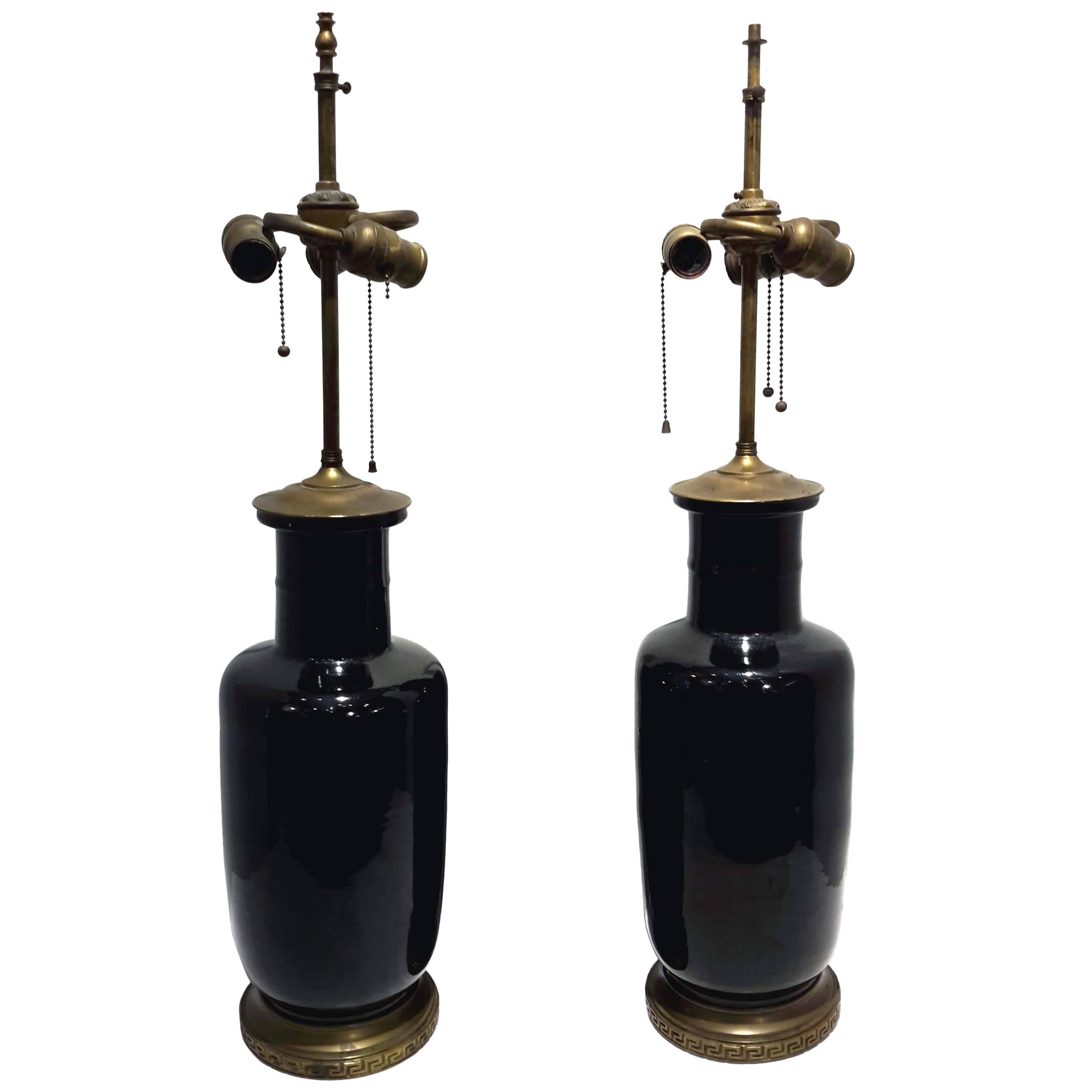 Pair of Chinese Porcelain Mirror-Black Lamps Mounted by Farmer Co., 19th Century